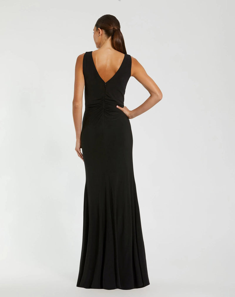 21005-Black Sleeveless Jersey Gown With 3D Flower polyester evening-gowns by Mac Duggal in black for women in Singapore