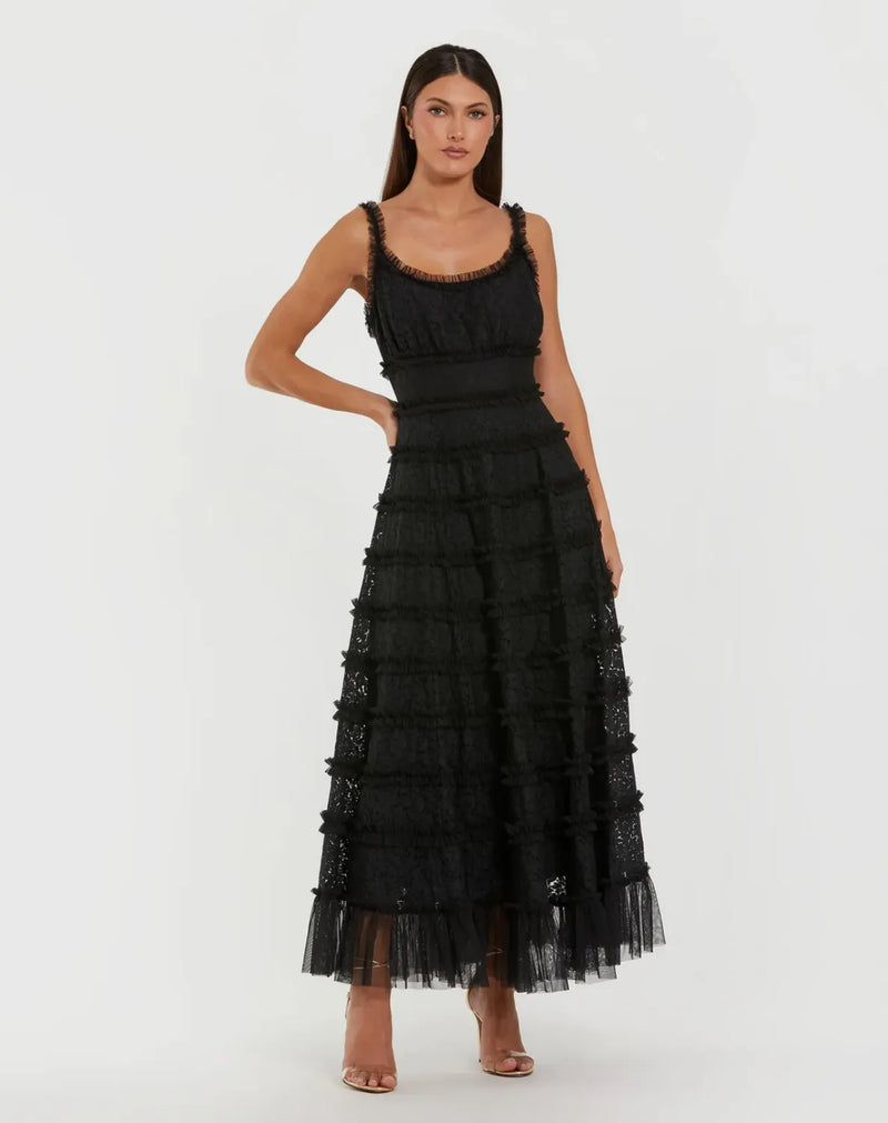 Black Sleeveless Lace A Line Midi Dress With Ruffles by Mac Duggal in black color for women in Singapore