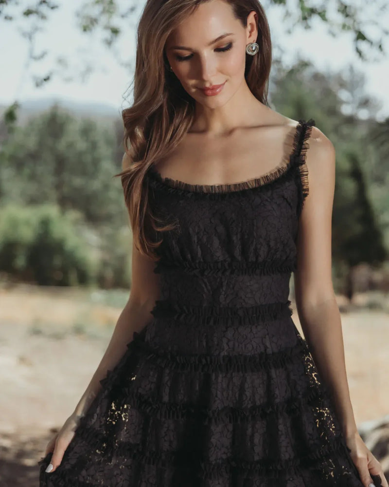 Black Sleeveless Lace A Line Midi Dress With Ruffles by Mac Duggal in black color for women in Singapore
