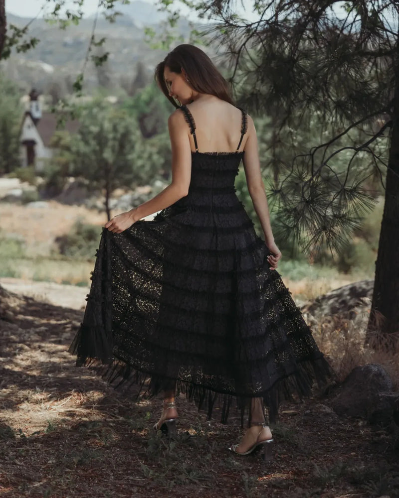Black Sleeveless Lace A Line Midi Dress With Ruffles by Mac Duggal in black color for women in Singapore