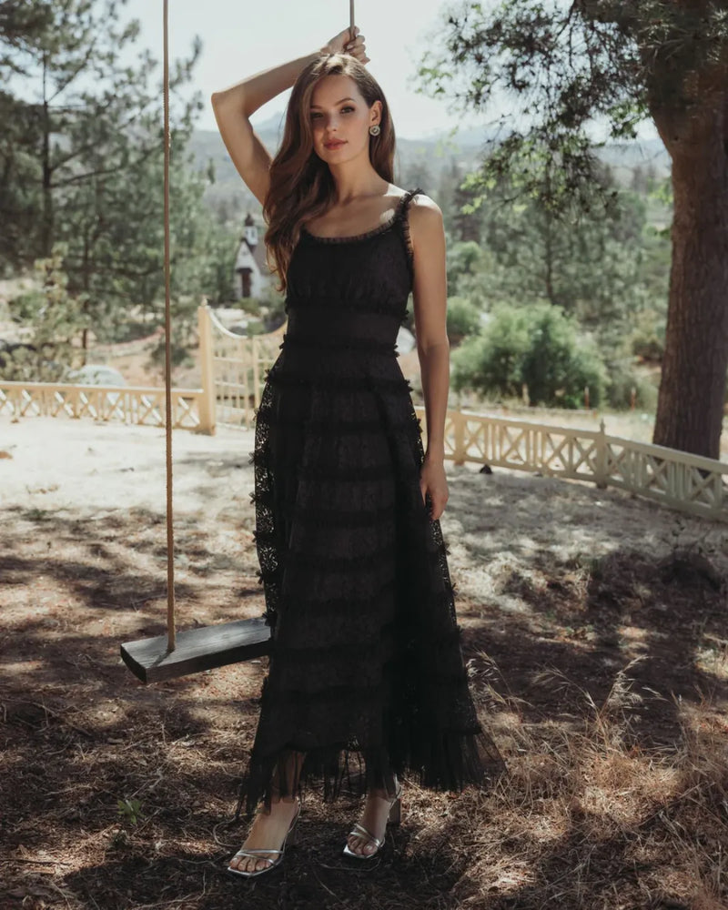Black Sleeveless Lace A Line Midi Dress With Ruffles by Mac Duggal in black color for women in Singapore