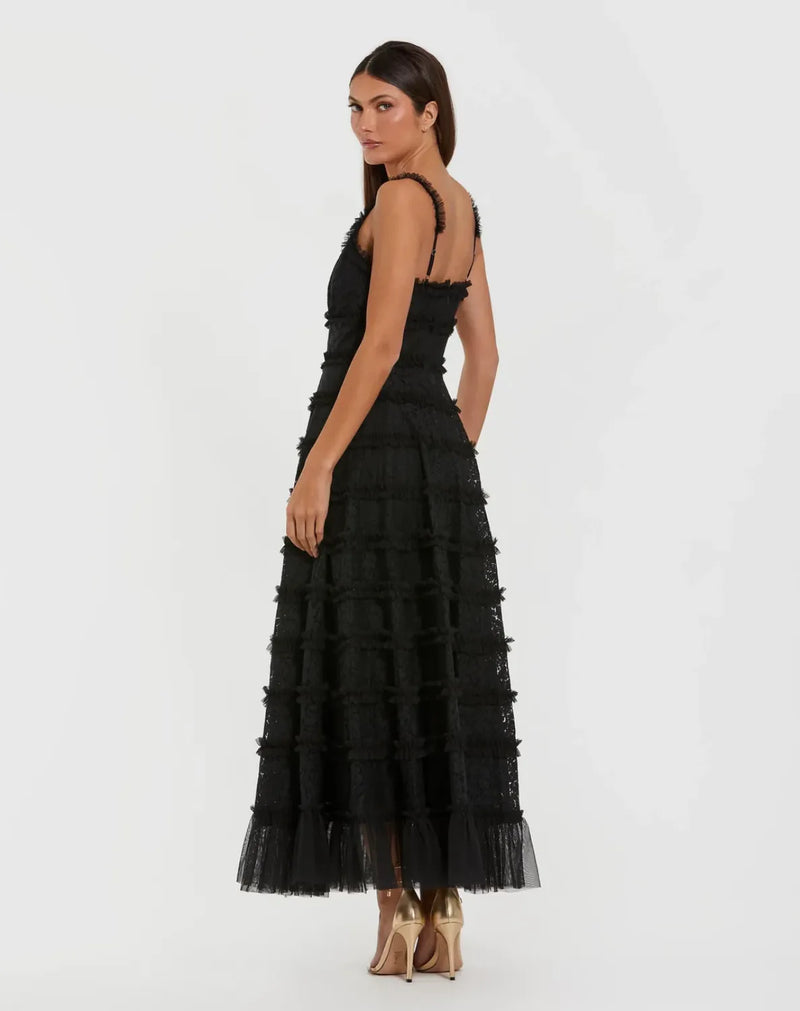 Black Sleeveless Lace A Line Midi Dress With Ruffles by Mac Duggal in black color for women in Singapore