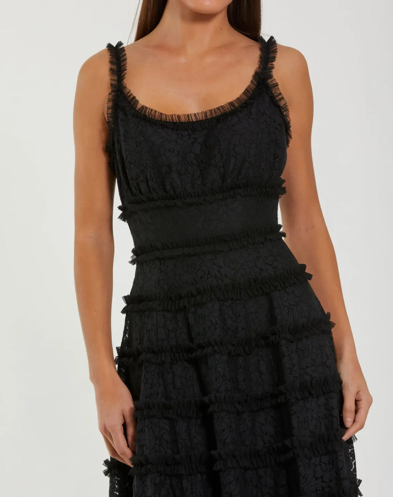 Black Sleeveless Lace A Line Midi Dress With Ruffles by Mac Duggal in black color for women in Singapore