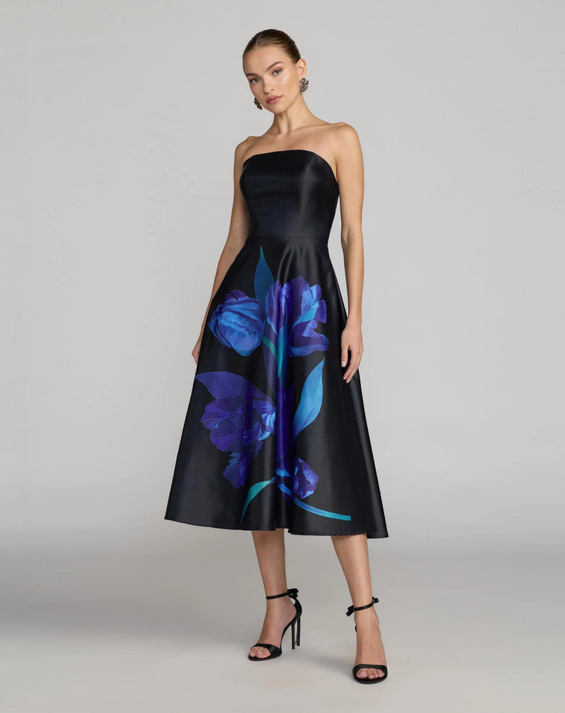 21075-Black Strapless Satin Midi Dress With Flower Print polyester cocktail-and-party-dresses by Mac Duggal in multi-color for women in Singapore