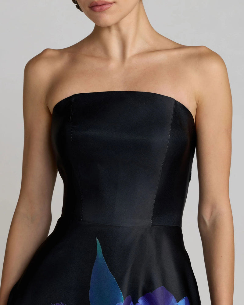 21075-Black Strapless Satin Midi Dress With Flower Print polyester cocktail-and-party-dresses by Mac Duggal in multi-color for women in Singapore