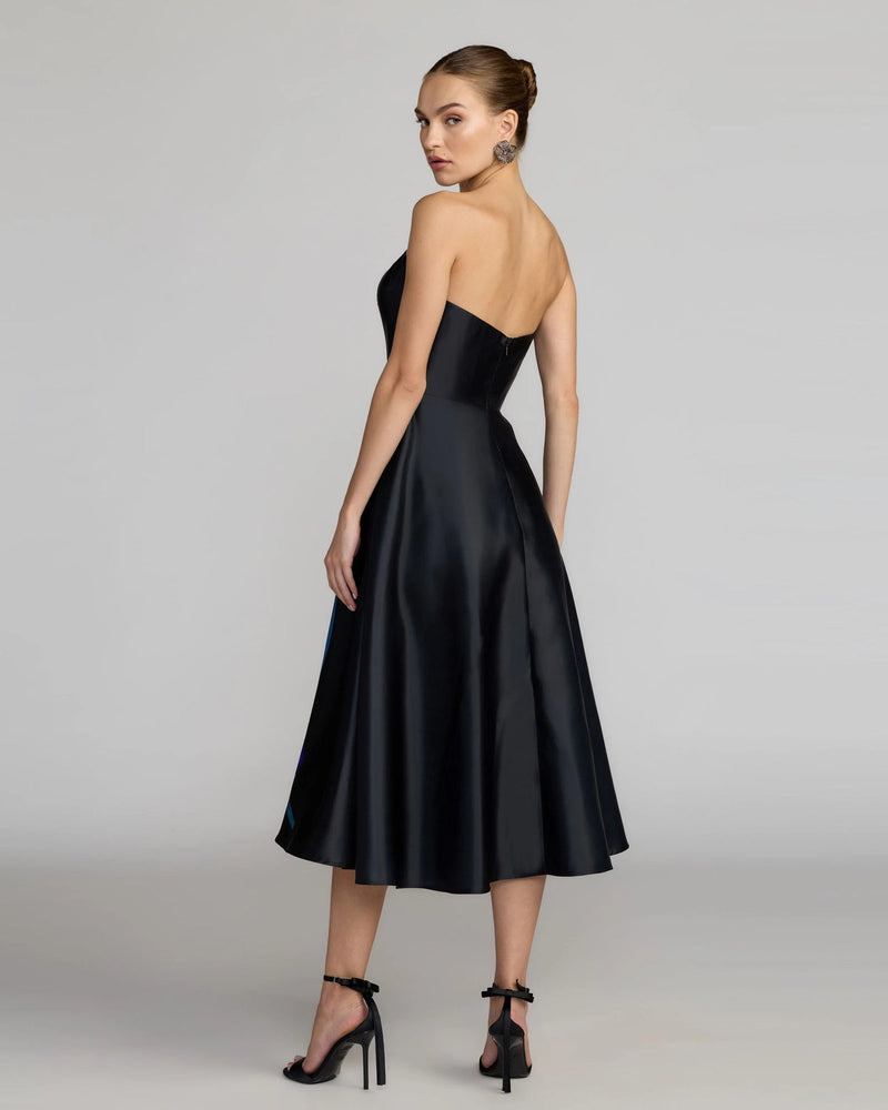 21075-Black Strapless Satin Midi Dress With Flower Print polyester cocktail-and-party-dresses by Mac Duggal in multi-color for women in Singapore