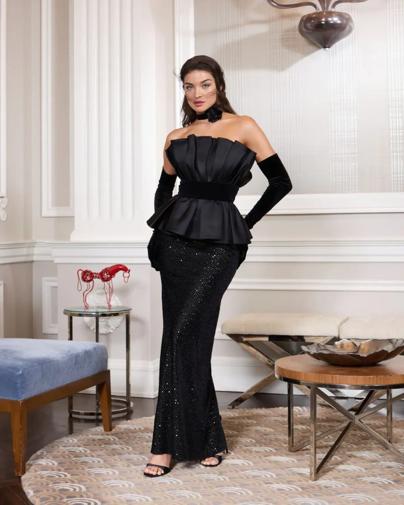 Black Strapless Satin Peplum Sequin Column Gown satin by Mac Duggal in black color for women in Singapore