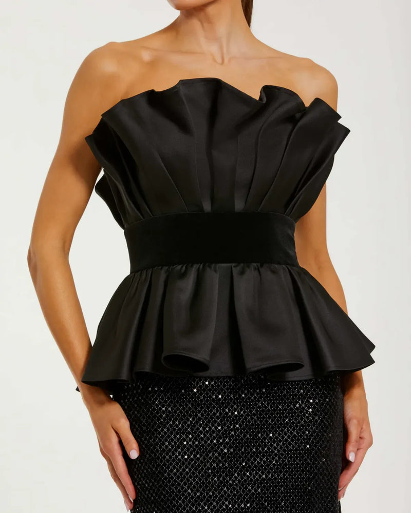 Black Strapless Satin Peplum Sequin Column Gown satin by Mac Duggal in black color for women in Singapore