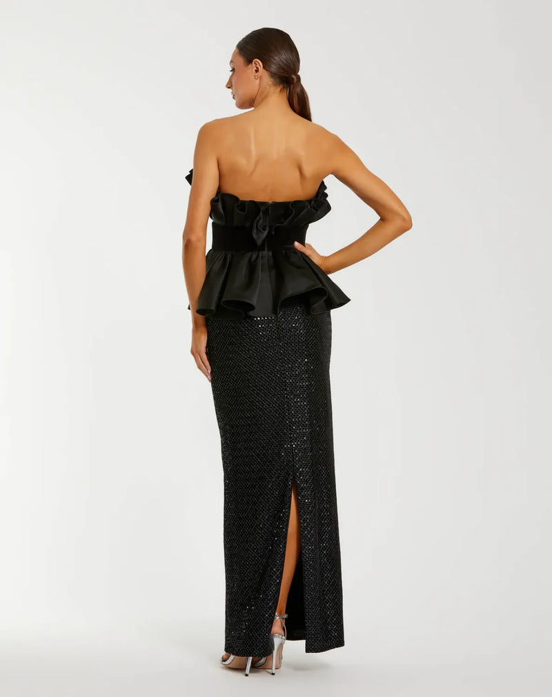Black Strapless Satin Peplum Sequin Column Gown satin by Mac Duggal in black color for women in Singapore