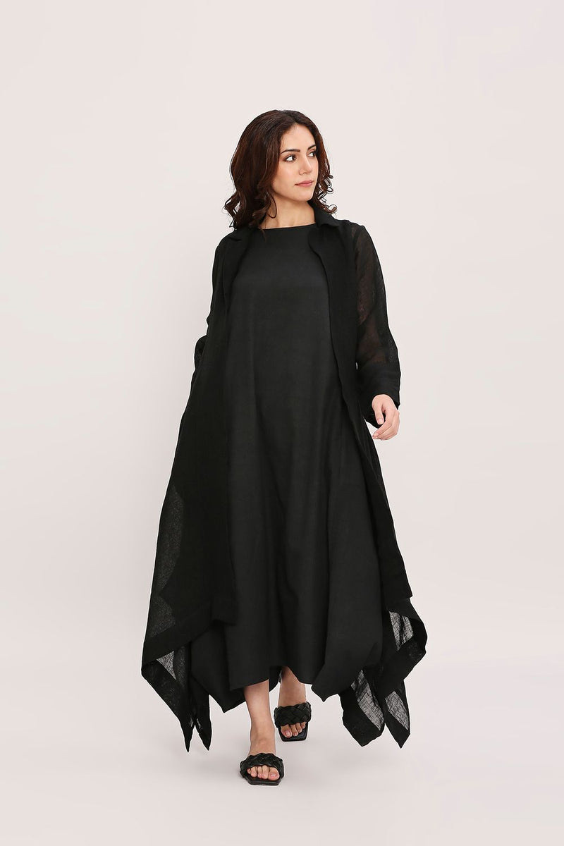 Black Vari & Linen Trench Koza Jacket Co-Ord Set (2 PCS) cotton by Mati in black color for women in Singapore