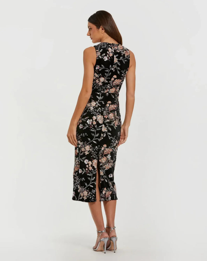 Black Velvet High Neck Sequined Midi Dress with Multicolor Embroidery mul by Mac Duggal in black color for women in Singapore