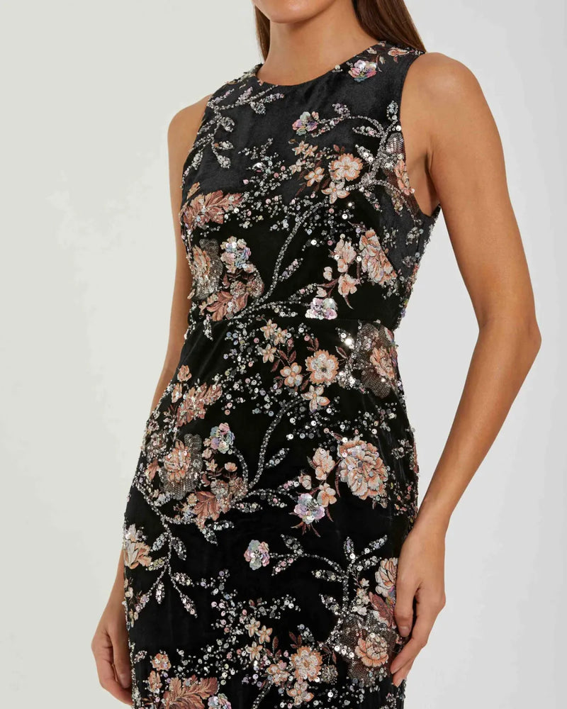 Black Velvet High Neck Sequined Midi Dress with Multicolor Embroidery mul by Mac Duggal in black color for women in Singapore