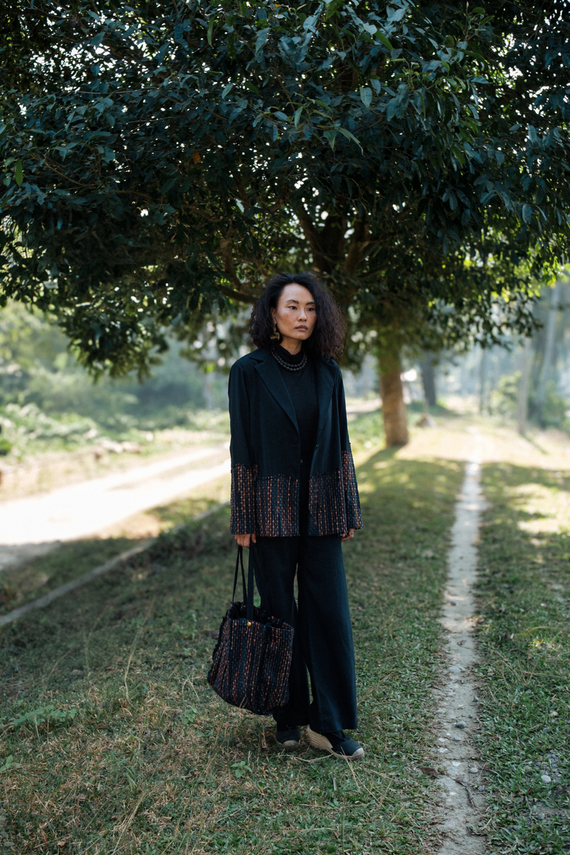 Upcycled Handwoven Sailor Flared Pants - Black cotton by The Terra Tribe in black color for women in Singapore
