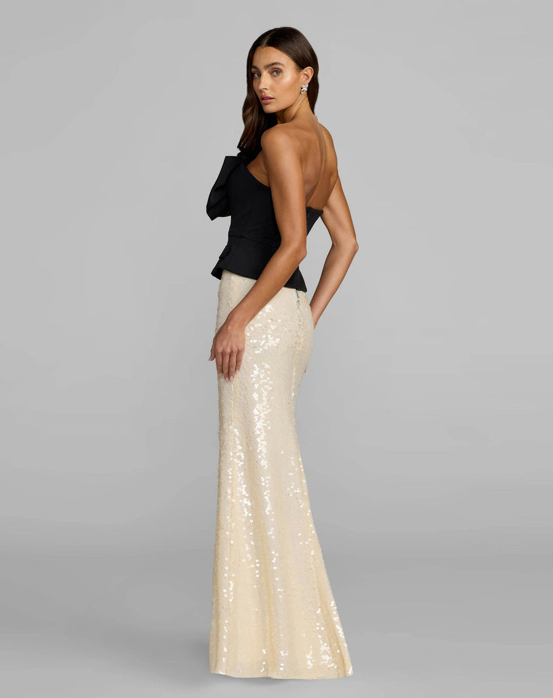 27793-Black and Ivory Strapless Peplum Sequin Evening Gown polyester cocktail-and-party-dresses by Mac Duggal in black, ivory for women in Singapore