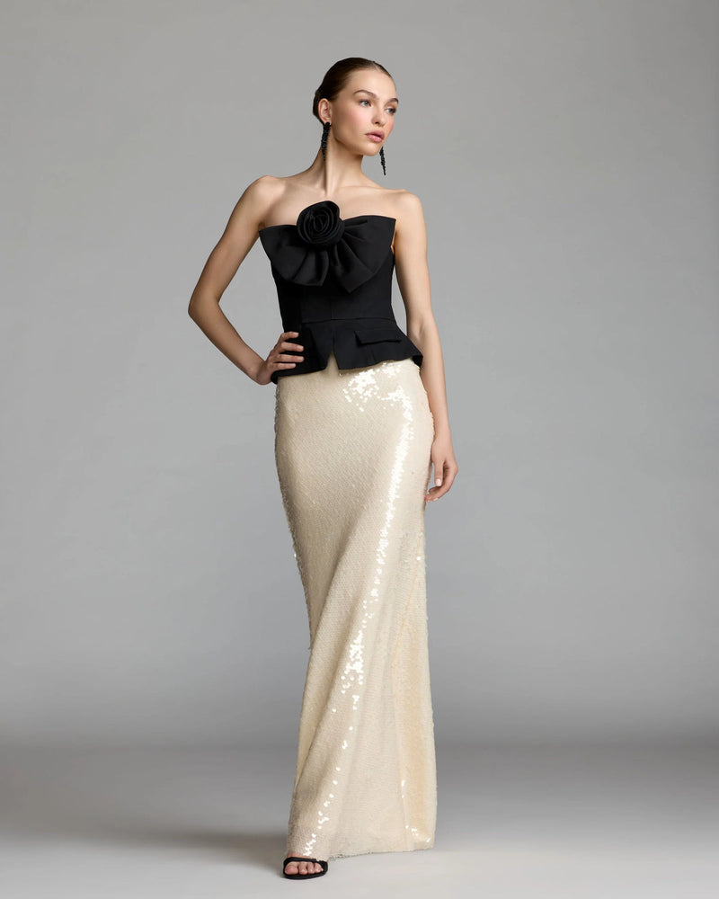 27793-Black and Ivory Strapless Peplum Sequin Evening Gown polyester cocktail-and-party-dresses by Mac Duggal in black, ivory for women in Singapore