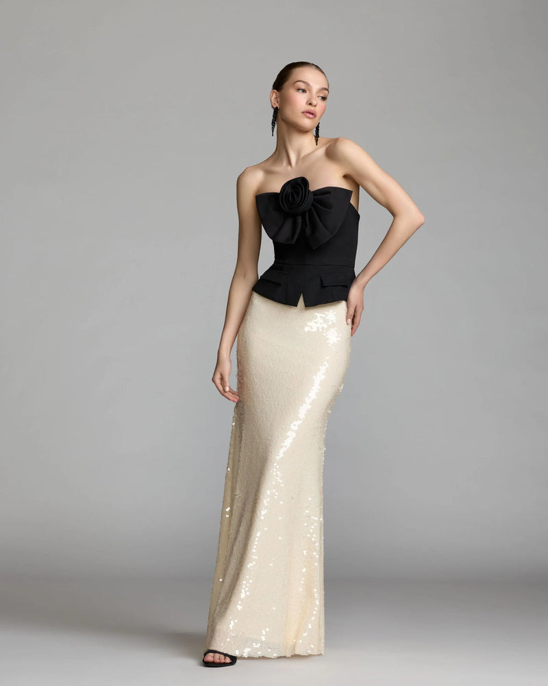 27793-Black and Ivory Strapless Peplum Sequin Evening Gown polyester cocktail-and-party-dresses by Mac Duggal in black, ivory for women in Singapore