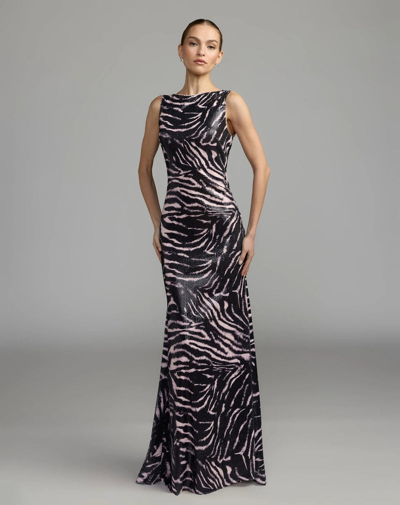 27860-Black and Pink Tiger Print Cowl Back Sequin Gown polyester evening-gowns by Mac Duggal in multi-color for women in Singapore
