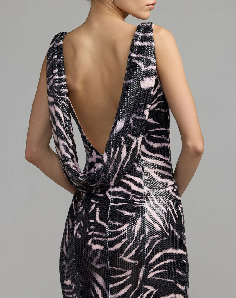 27860-Black and Pink Tiger Print Cowl Back Sequin Gown polyester evening-gowns by Mac Duggal in multi-color for women in Singapore