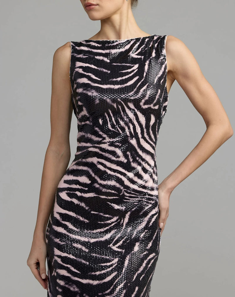 27860-Black and Pink Tiger Print Cowl Back Sequin Gown polyester evening-gowns by Mac Duggal in multi-color for women in Singapore