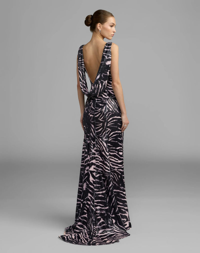 27860-Black and Pink Tiger Print Cowl Back Sequin Gown polyester evening-gowns by Mac Duggal in multi-color for women in Singapore