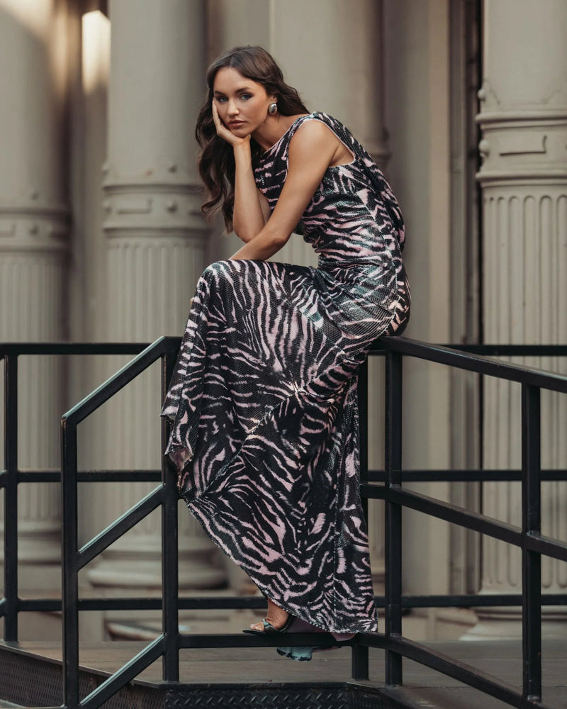 27860-Black and Pink Tiger Print Cowl Back Sequin Gown polyester evening-gowns by Mac Duggal in multi-color for women in Singapore