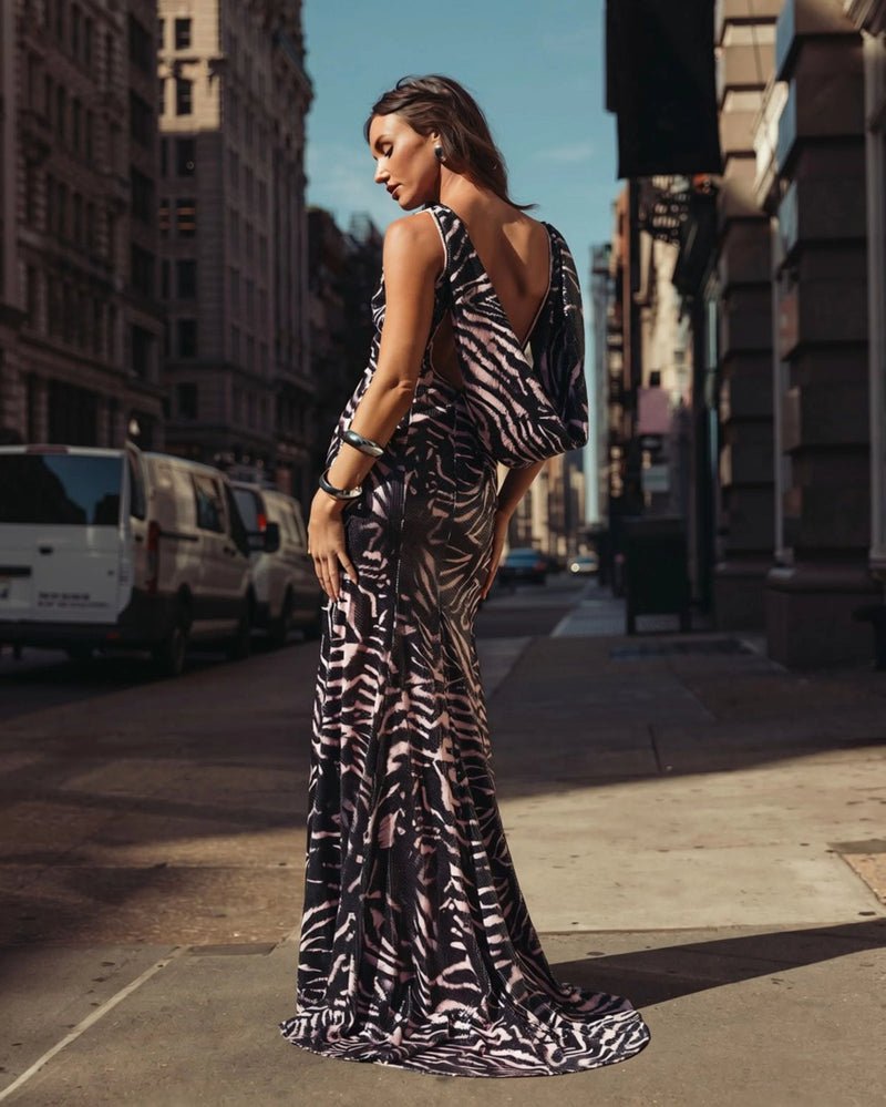 27860-Black and Pink Tiger Print Cowl Back Sequin Gown polyester evening-gowns by Mac Duggal in multi-color for women in Singapore