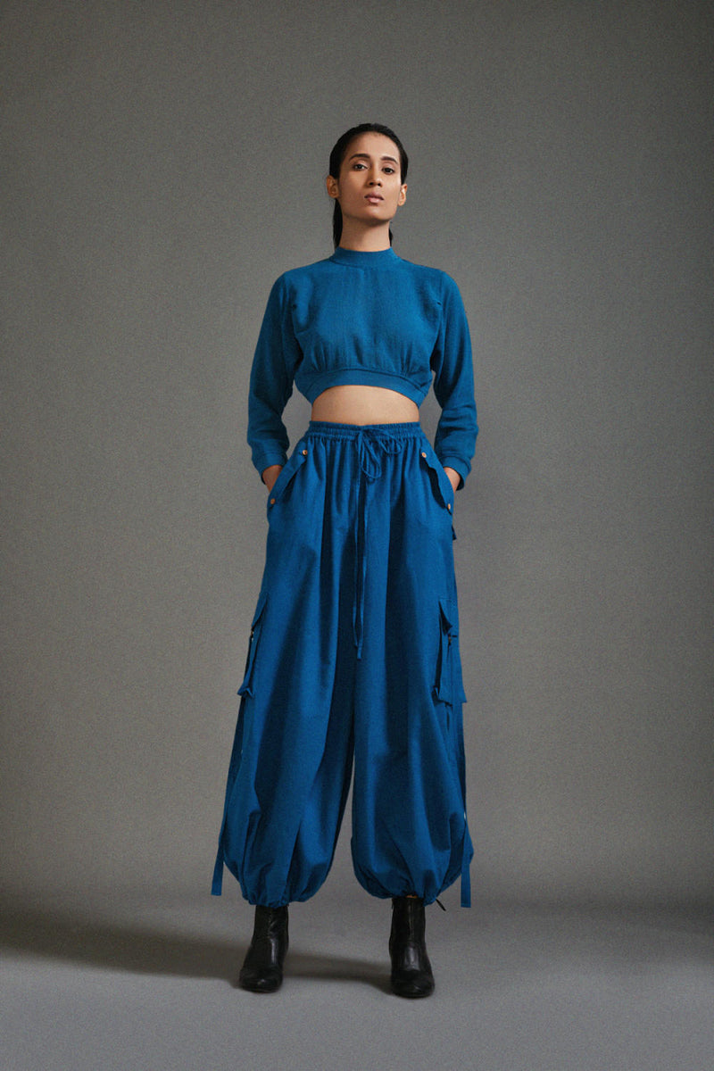 Blue Crop Top and Cargo Set cotton by Mati in blue color for women in Singapore