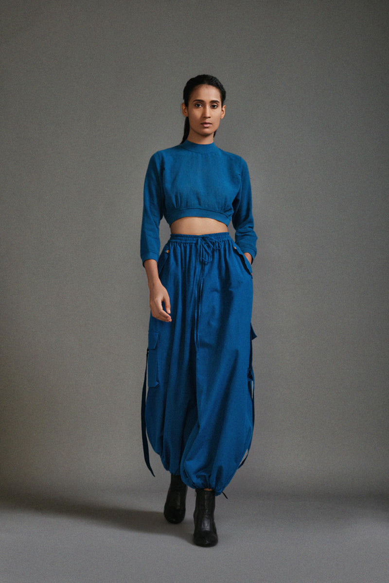 Blue Crop Top and Cargo Set cotton by Mati in blue color for women in Singapore