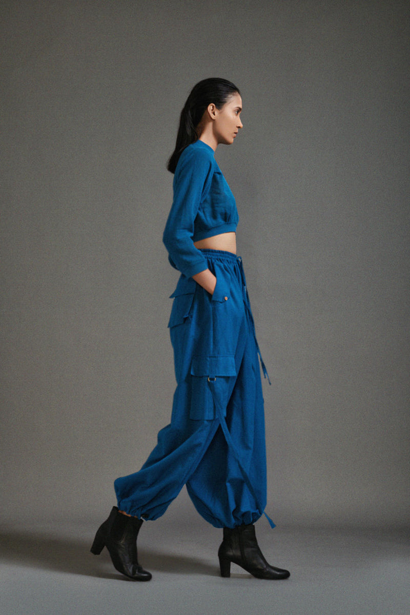 Blue Crop Top and Cargo Set cotton by Mati in blue color for women in Singapore