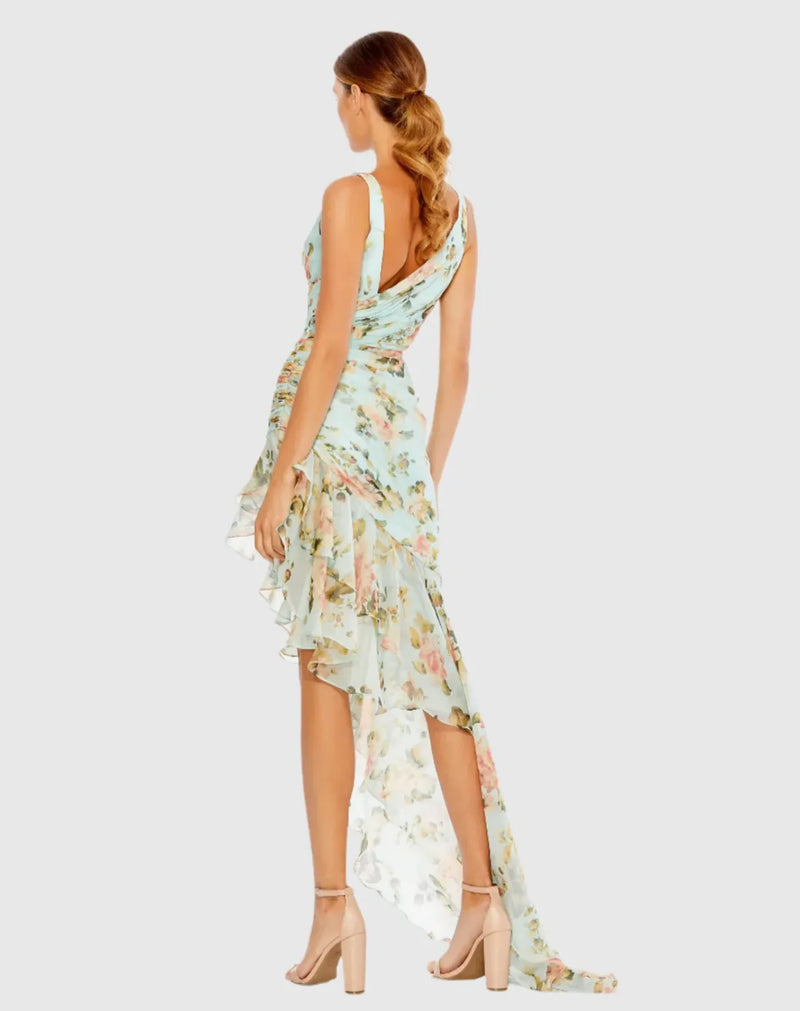Blue Floral Print Asymmetrical Ruffle Hem Dress chiffon by Mac Duggal in blue color for women in Singapore