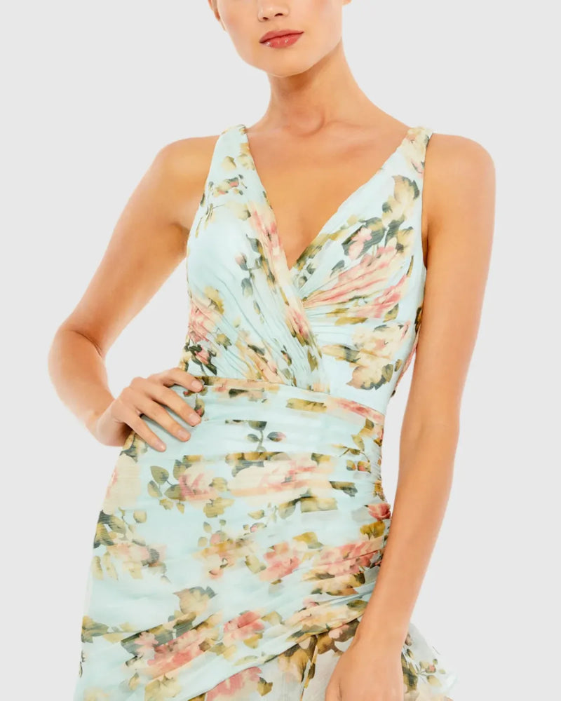 Blue Floral Print Asymmetrical Ruffle Hem Dress chiffon by Mac Duggal in blue color for women in Singapore