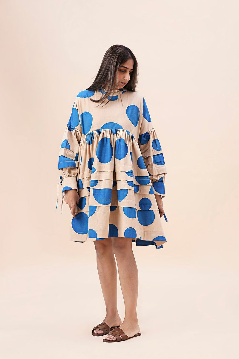 Blue Hand Block Printed Polka Avira Dress cotton by Mati in blue color for women in Singapore