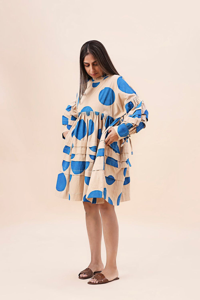 Blue Hand Block Printed Polka Avira Dress cotton by Mati in blue color for women in Singapore
