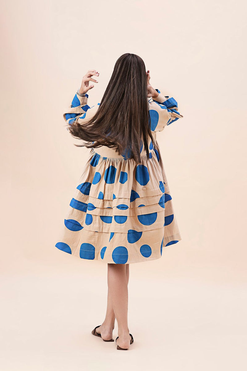 Blue Hand Block Printed Polka Avira Dress cotton by Mati in blue color for women in Singapore