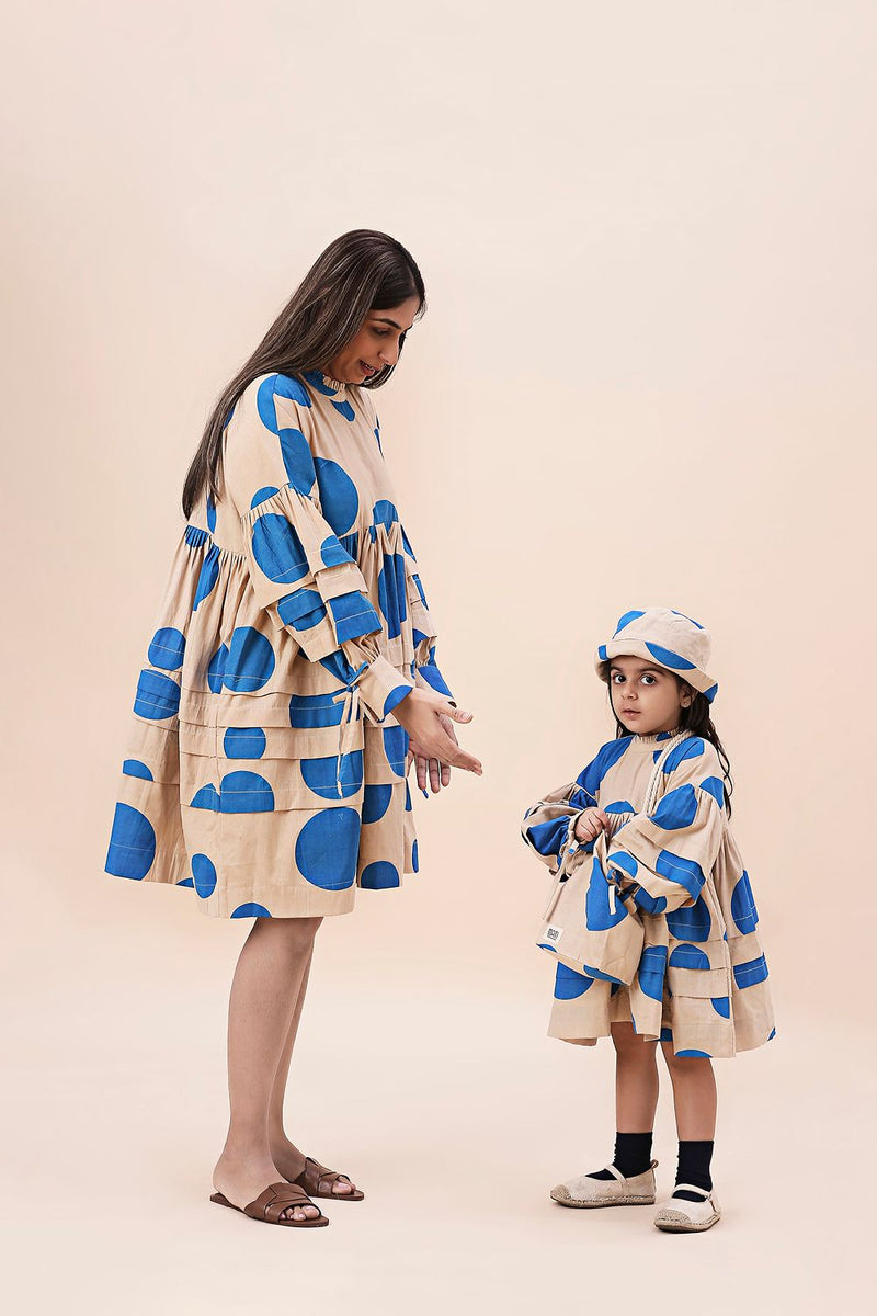 Blue Hand Block Printed Polka Avira Dress cotton by Mati in blue color for women in Singapore