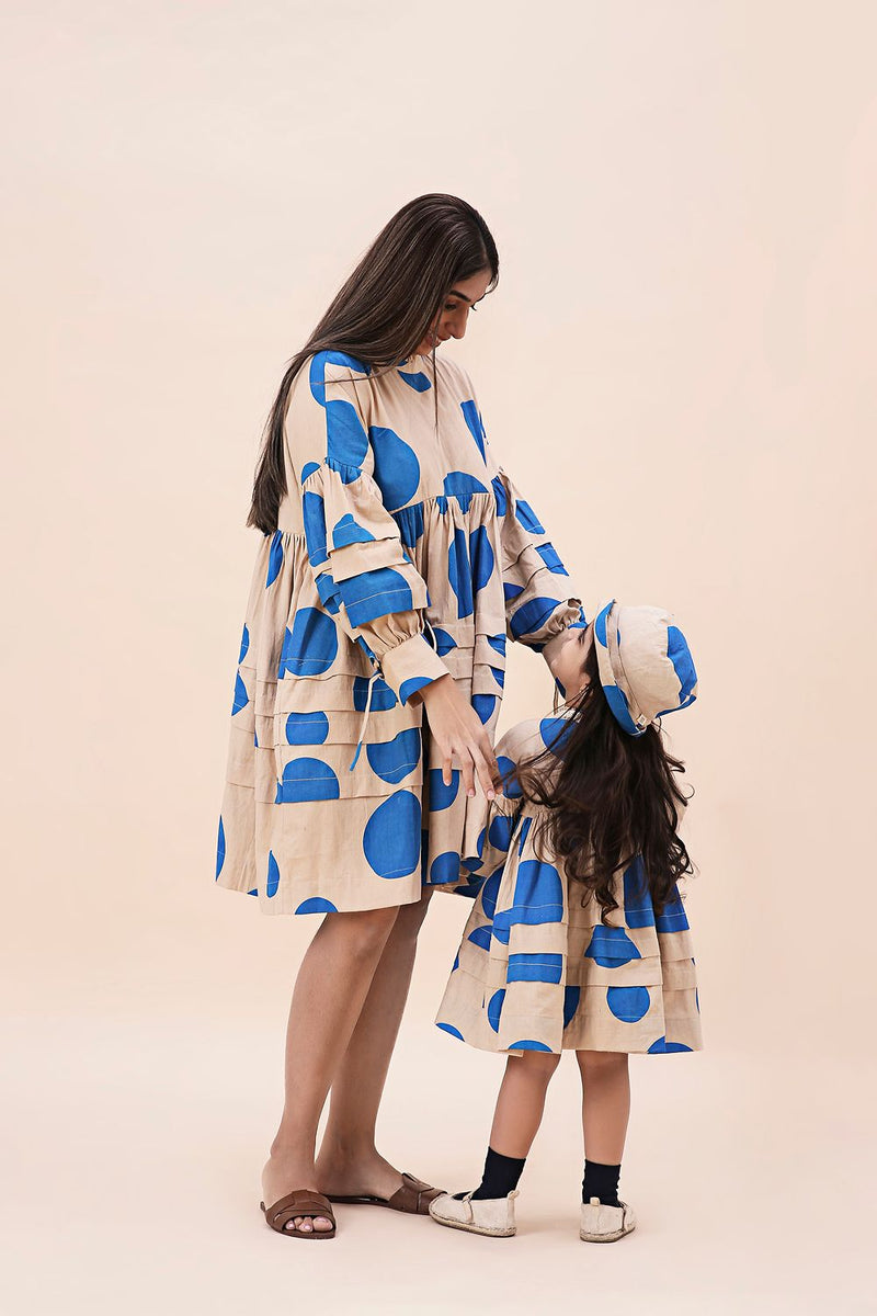 Blue Hand Block Printed Polka Avira Dress cotton by Mati in blue color for women in Singapore