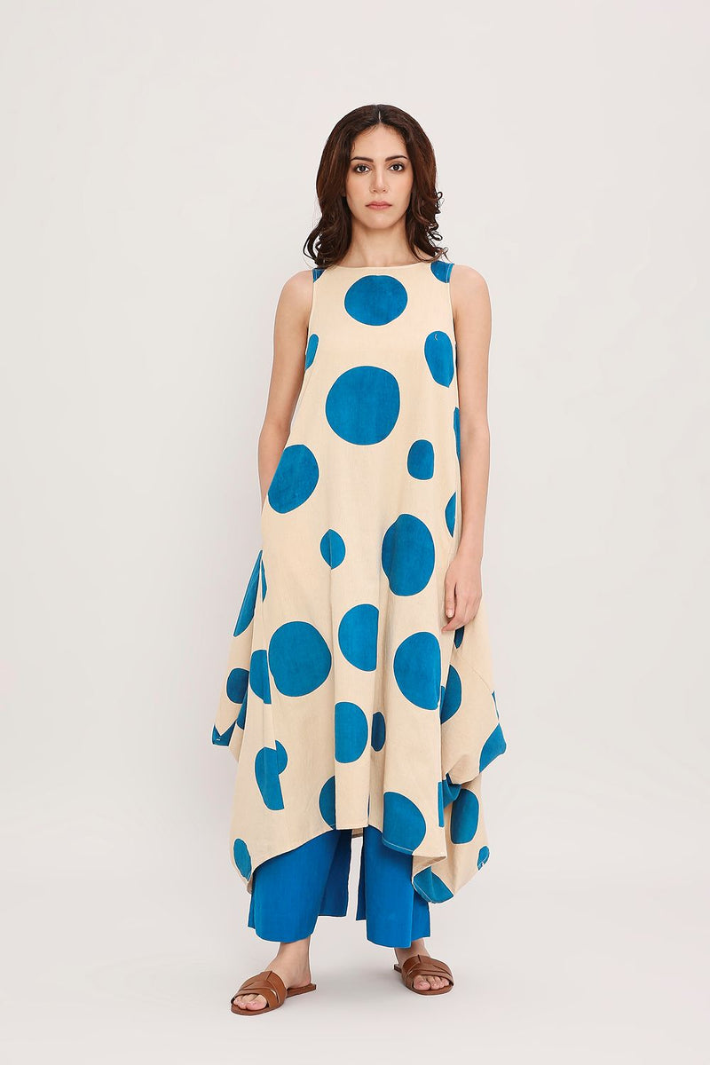 Blue Hand Block Printed Polka Vari Co-ord Set (2 PCS) cotton by Mati in blue color for women in Singapore