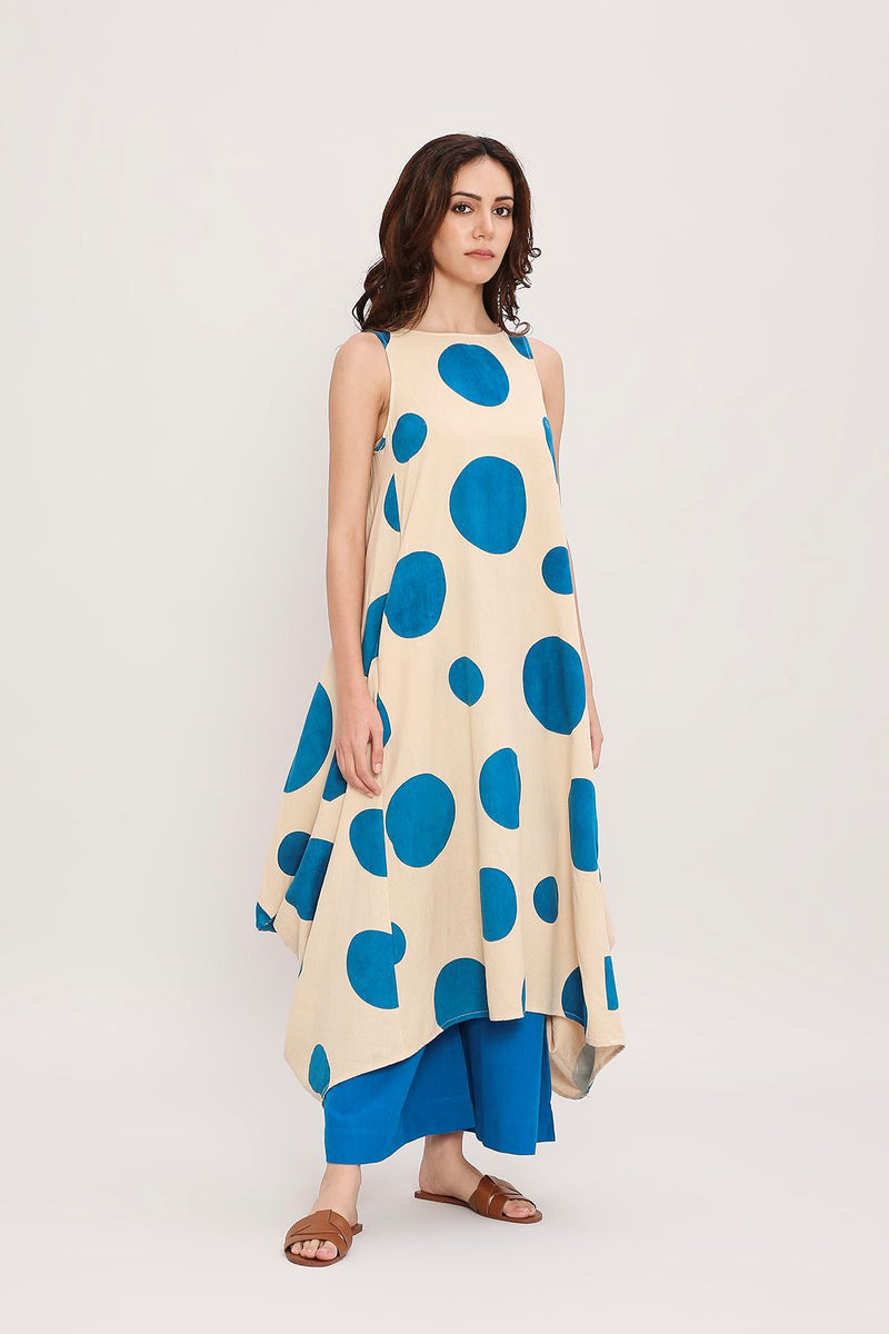 Blue Hand Block Printed Polka Vari Co-ord Set (2 PCS) cotton by Mati in blue color for women in Singapore