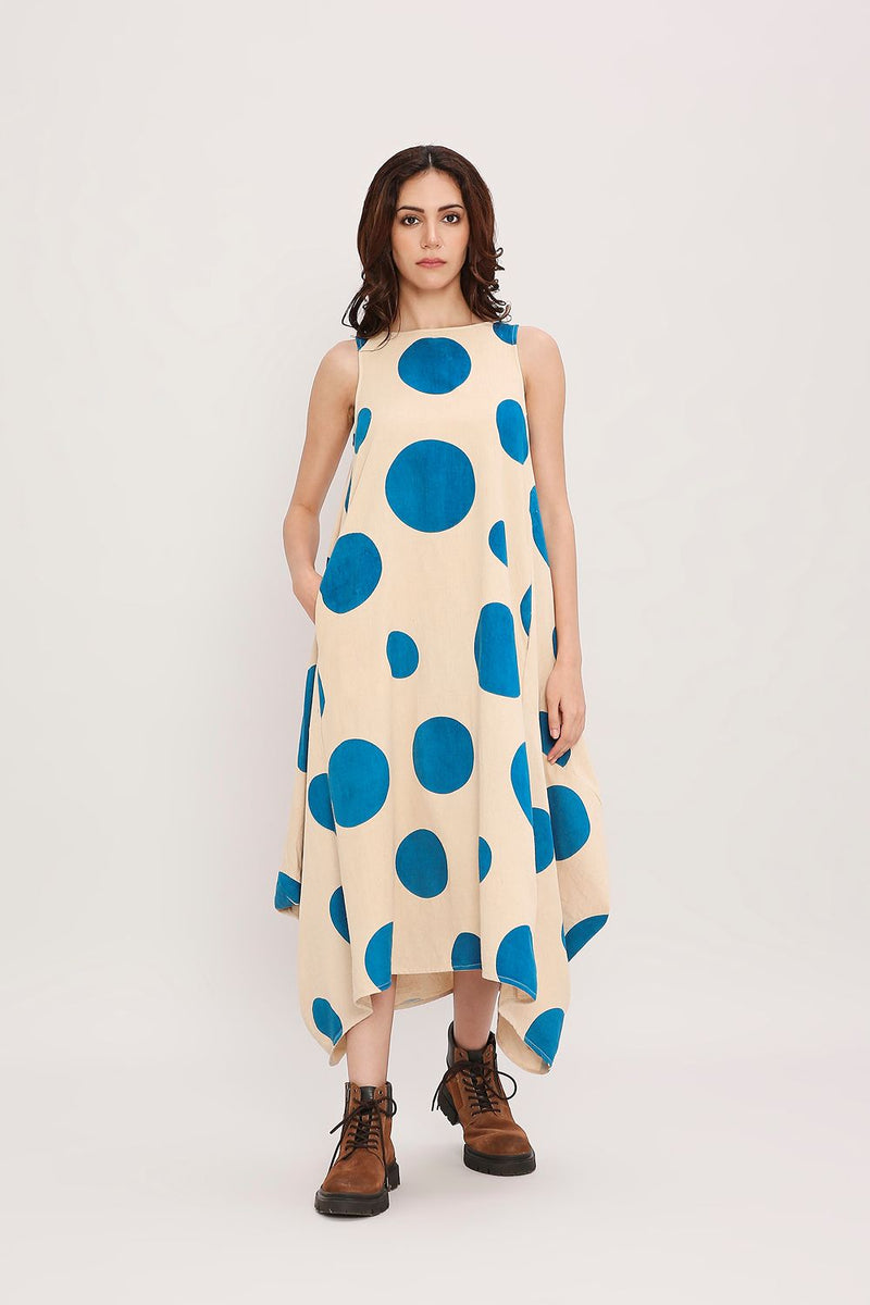 Blue Hand Block Printed Polka Vari Dress cotton by Mati in blue color for women in Singapore