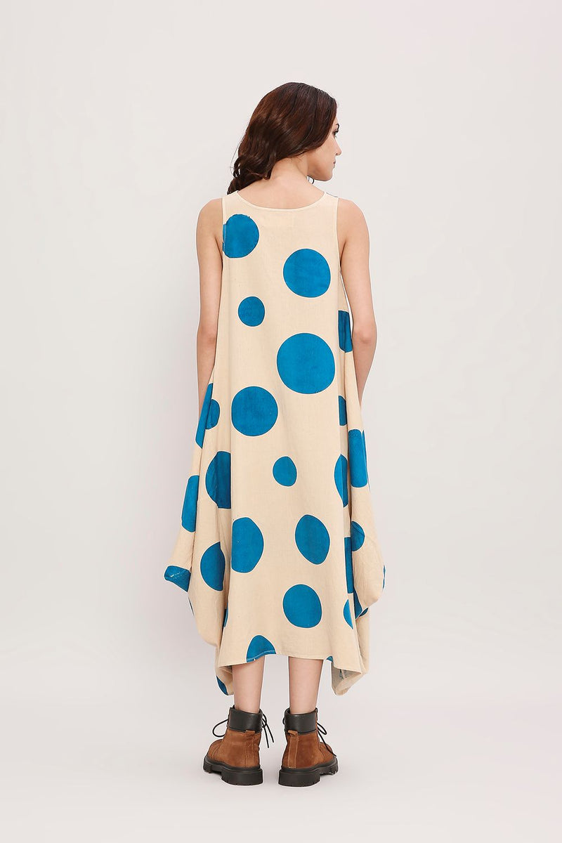 Blue Hand Block Printed Polka Vari Dress cotton by Mati in blue color for women in Singapore