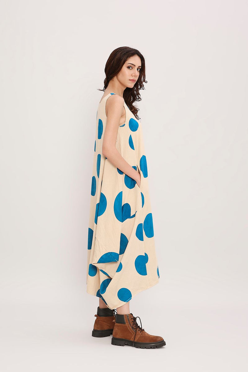 Blue Hand Block Printed Polka Vari Dress cotton by Mati in blue color for women in Singapore