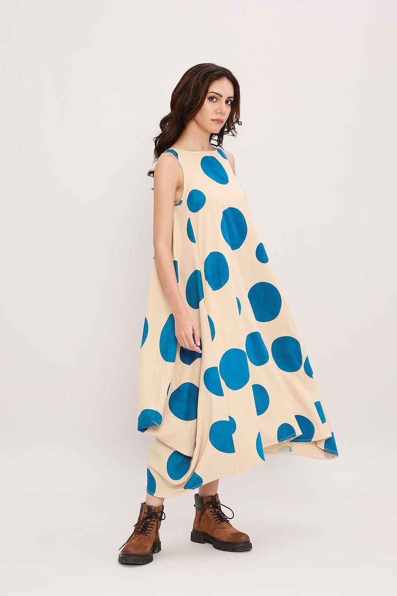 Blue Hand Block Printed Polka Vari Dress cotton by Mati in blue color for women in Singapore