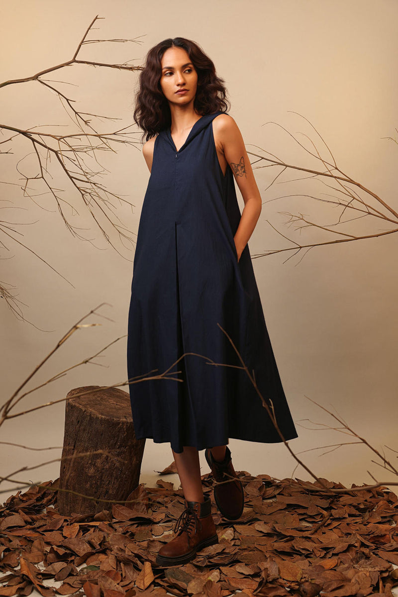Blue Hooded Vita Dress 100% cotton by Mati in blue color for women in Singapore