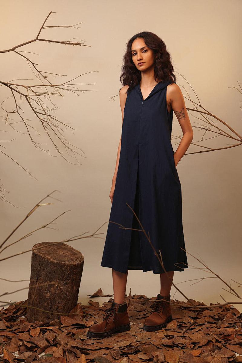 Blue Hooded Vita Dress 100% cotton by Mati in blue color for women in Singapore