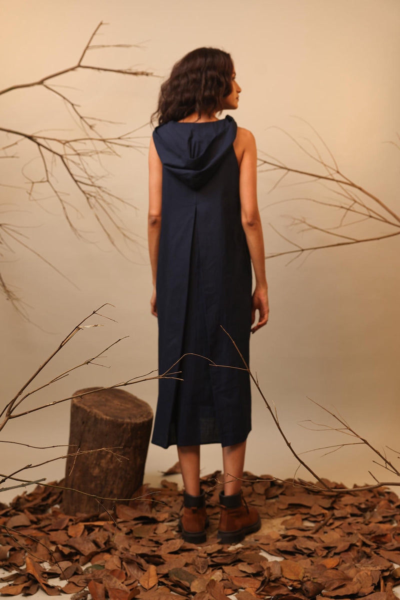 Blue Hooded Vita Dress 100% cotton by Mati in blue color for women in Singapore