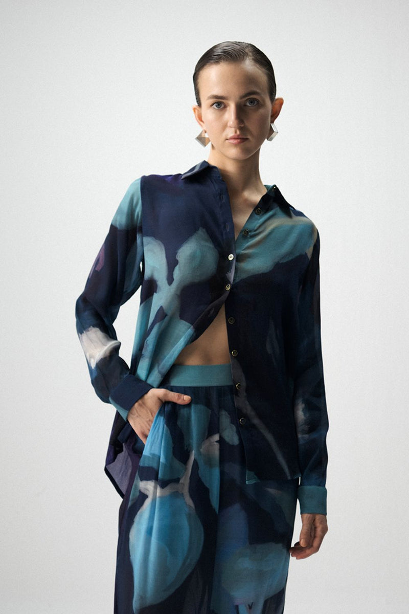 BLUE LAGOON CREPE CO-ORD by Yam in blue color for women in Singapore