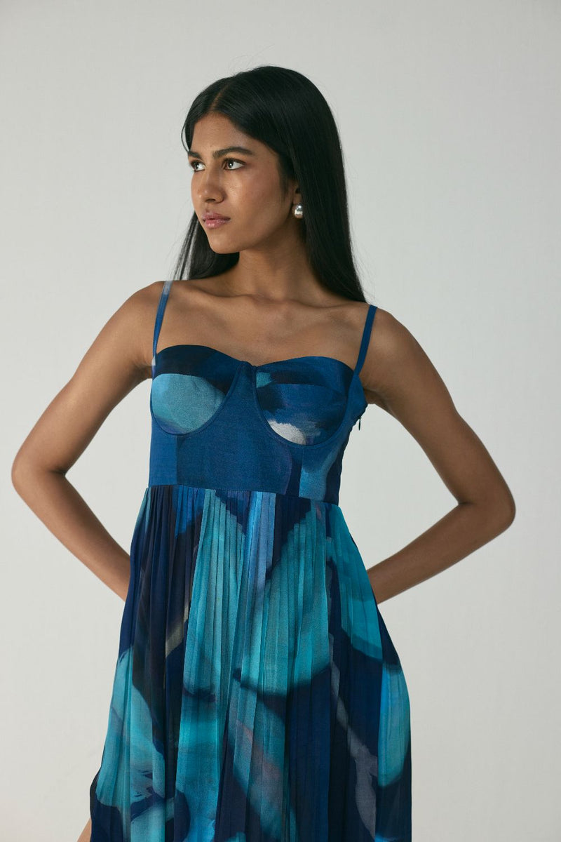 BLUE LAGOON CREPE BRALETTE DRESS by Yam in blue color for women in Singapore