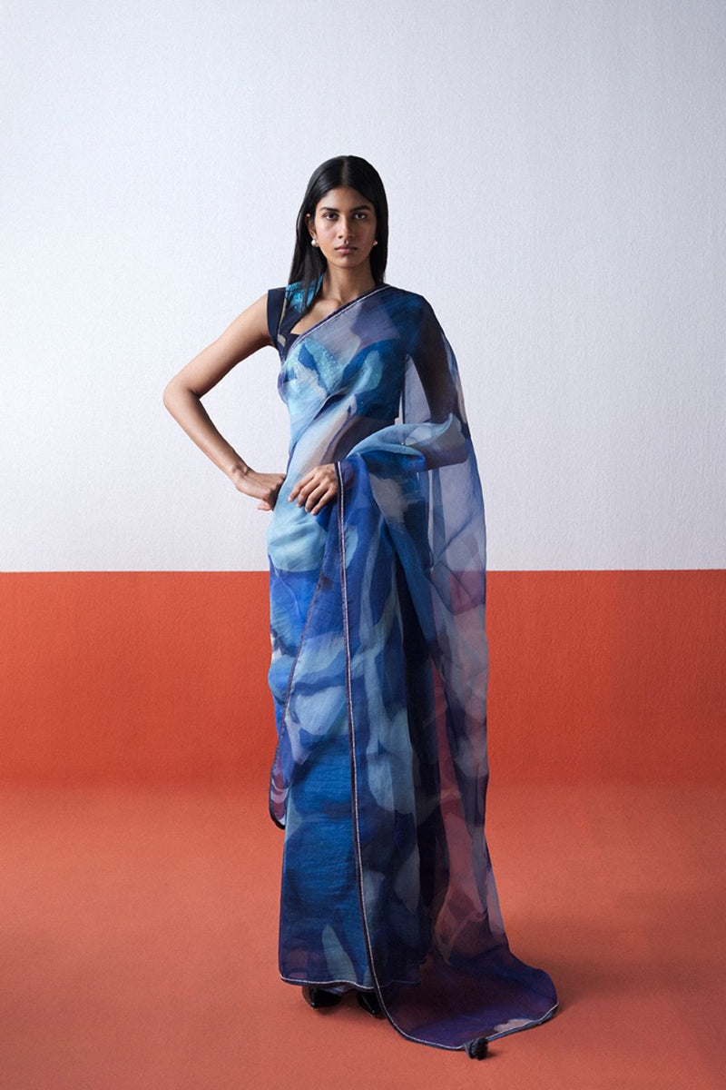 BLUE LAGOON ORGANZA SAREE organza by Yam in blue color for women in Singapore