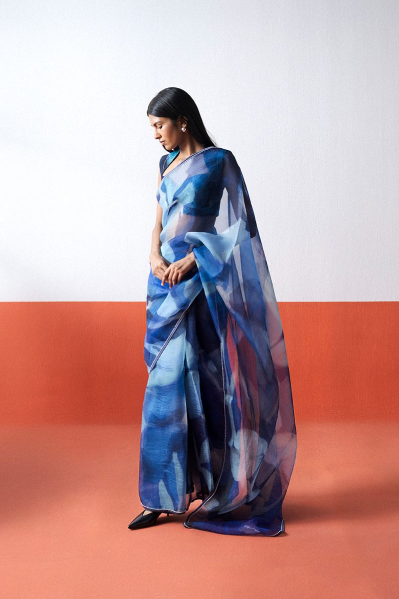 BLUE LAGOON ORGANZA SAREE organza by Yam in blue color for women in Singapore