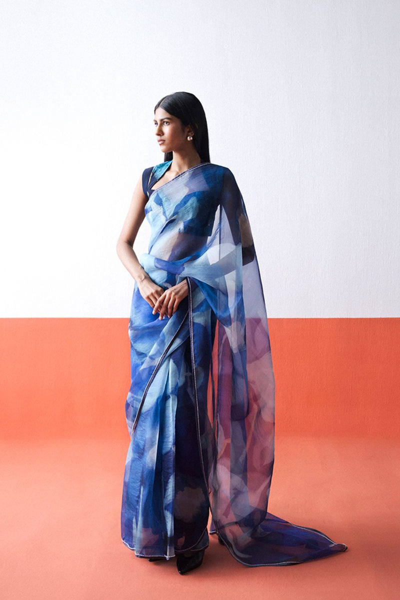 BLUE LAGOON ORGANZA SAREE organza by Yam in blue color for women in Singapore